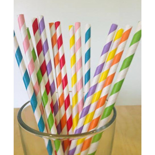 หลอดกระดาษดูดน้ำ Paper straw 6mmx197mm จำนวน 100 ชิ้น หลอดดูด หลอดกาแฟ ลายริ้ว หลอดดุดน้ำสวยๆ Food Grade T1274