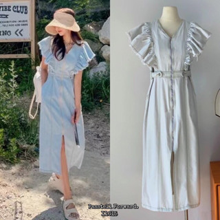 🇰🇷New🇰🇷  Korea ruffle zippy denim dress dressระบายผ้ายีนฟอก งานสวย ซิปยาว ผ่าหน้าเก๋ๆ ใส่สบายเลยค้า ดีเทลน่ารัก