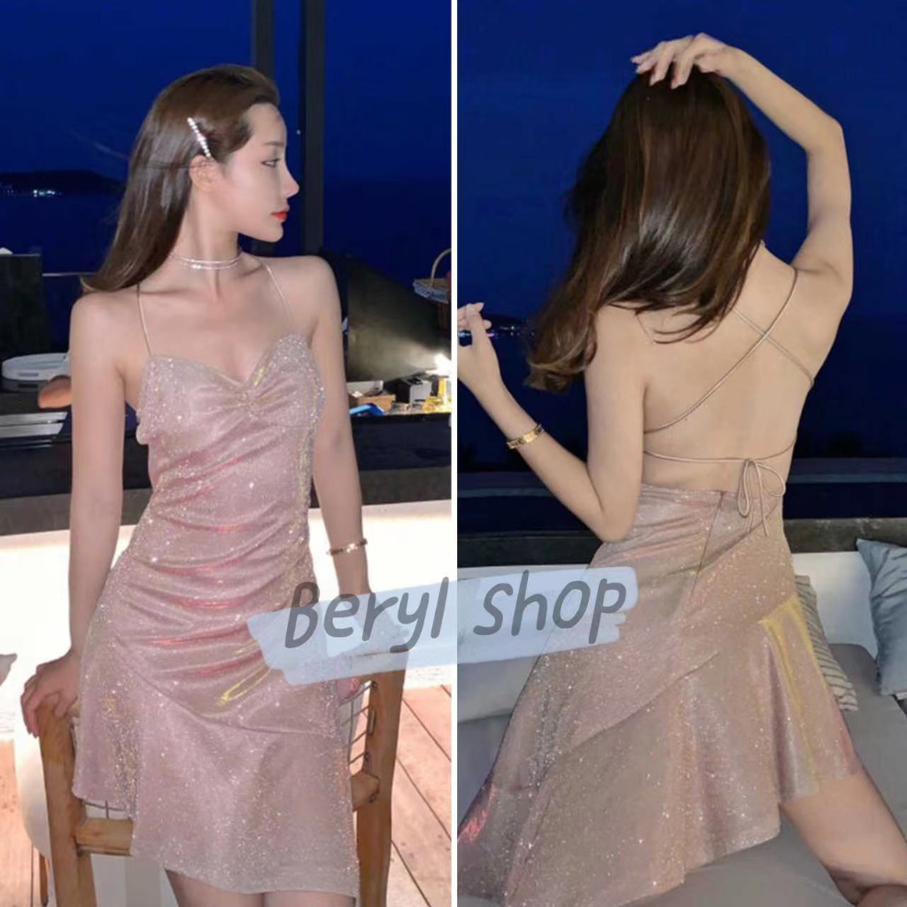 Beryl เดรส ชุดทำงานกลางคืนเซ็กซี่ เดรสเกาะอก คอปาด ขอบใบบัว กระโปรงทรงเอ หญิง