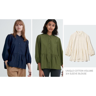 UNIQLO เสื้อผู้หญิง ผ้าคอตตอน คอจีน แขนสามส่วน COTTON VOLUME 3/4 SLEEVE BLOUSE