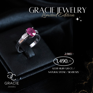 แหวนพลอยแท้ Gracie Jewelry ตัวเรือนเงินแท้ชุบทองคำขาว พลอยทับทิม (Ruby) 1.20 ct. / เพทายแท้ (Natural Stone)