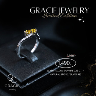 แหวนพลอยแท้ Gracie Jewelry ตัวเรือนเงินแท้ชุบทองคำขาว พลอย เยลโล่ แซฟไฟร์ (Yellow sapphire) 0.28 ct. / เพทายแท้