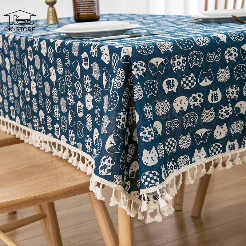 ผ้าปูโต๊ะอาหารกาแฟสีเหลี่ยมผ้าฝ้ายลินิน สไตล์มีพู่มินิมอลโบฮีเมียนคุณภาพสูงซักได้60*60/90*90/90*150/130*180/150*220