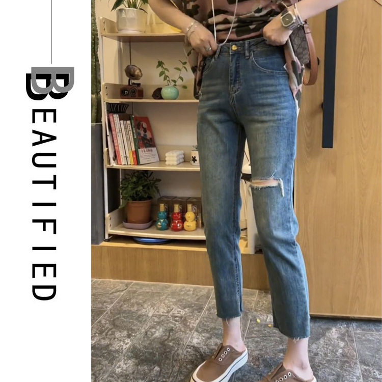 Beautified 👖กางเกงยินส์ กางเกงขายาว ขากระบอกเล็ก ผ้ายืด เอวสูง  V20