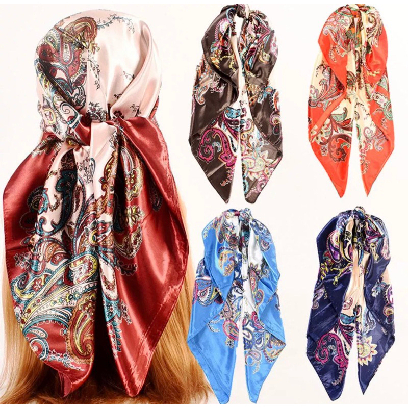 ผ้าโพกศรีษะสไตล์เก๋ๆ ดัดแปลงทำผ้าคอประดับ ชุดเก่งได้  ชุดทำงานขนาด90cm*90cm