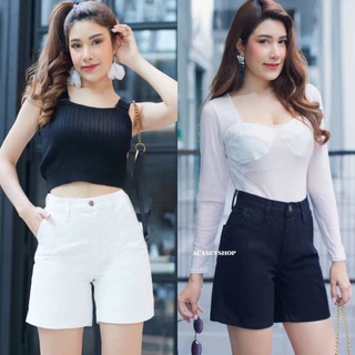 Acasey กางเกงยีนส์สามส่วน 3ส่วน สไตล์วินเทจ แต่งจีบหน้า ไซส์ S - 6XL 3ส่วนCN