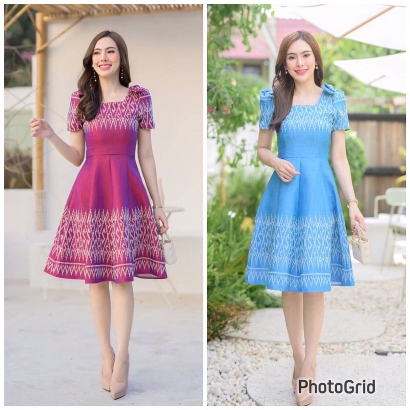 เดรสผ้าทอลายตะขอ ชมพู่มะเหมี่ยว ฟ้า คอเหลี่ยม อัดกาวทั้งชุด สอบถามสต๊อกก่อนสั่งซื้อ SPd