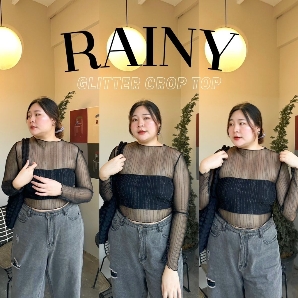 RAINY Glitter✨เสื้อครอปซีทรูกลิตเตอร์ลายทางขอบหยักสวยวิ๊งเล่นแสง