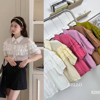Hello Shop:เสื้อคอปกแขนสั้น แต่งดีเทลระบาย3ชั้น