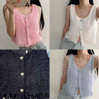 Hello Shop:เสื้อกล้ามคอกลมกระดุมหัวใจ ผ้าทวิต