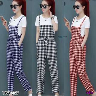 MM10927 Set 2 ชิ้น เสื้อยืด + เอี๊ยมจั้มสูทลายสก็อตขายาว	Set 2 pieces. T-shirt + long-sleeved plaid jumpsuit.