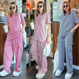 Yunaka ชุดเซ็ต 2 ชิ้น เซทเสื้อแขนสั้นคอกลม อก 42 Striped Chill Style Set กางเกงขายาว ทรงกระบอกใหญ่ เอวยางยืด เอว 24-34”