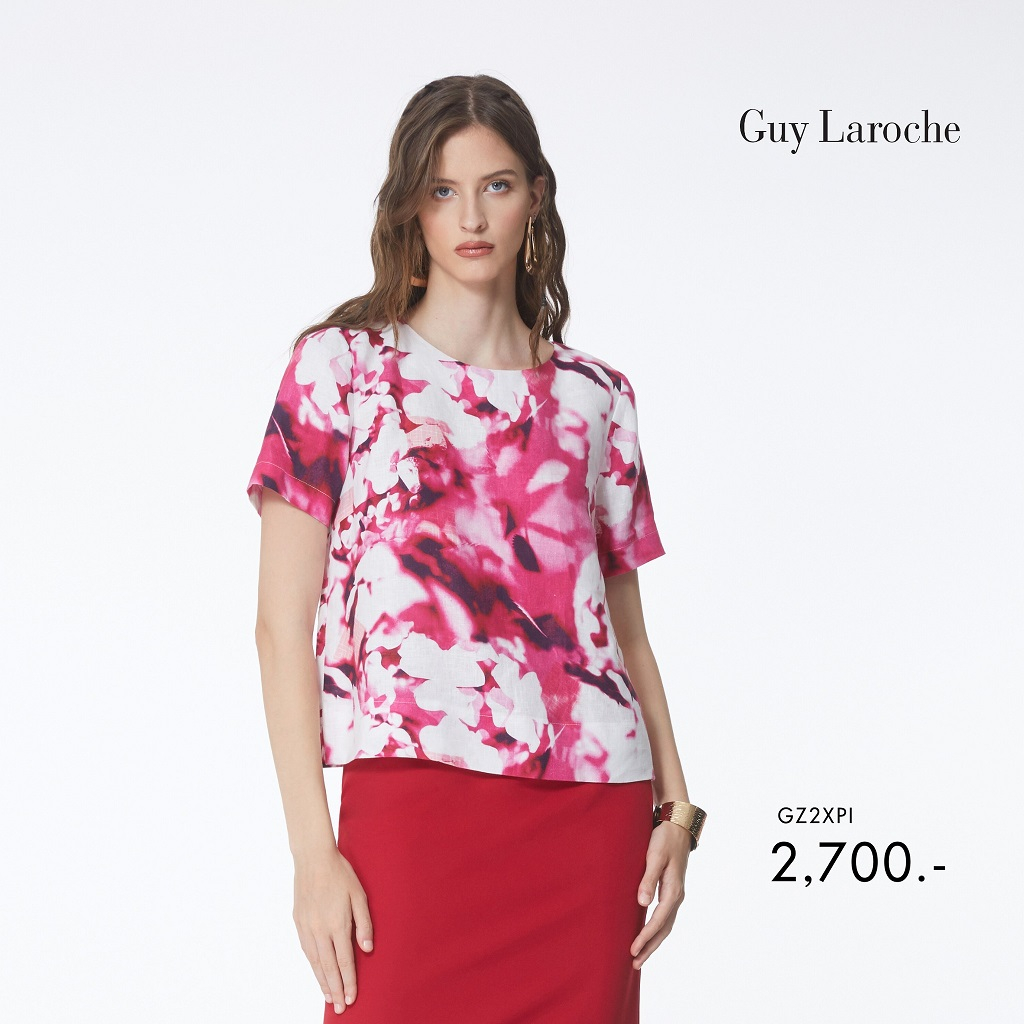 Guy Laroche เสื้อ ผู้หญิง Light Linen Powerful flower คอกลม แขนสั้ั้น สีชมพู (GZ2XPI)