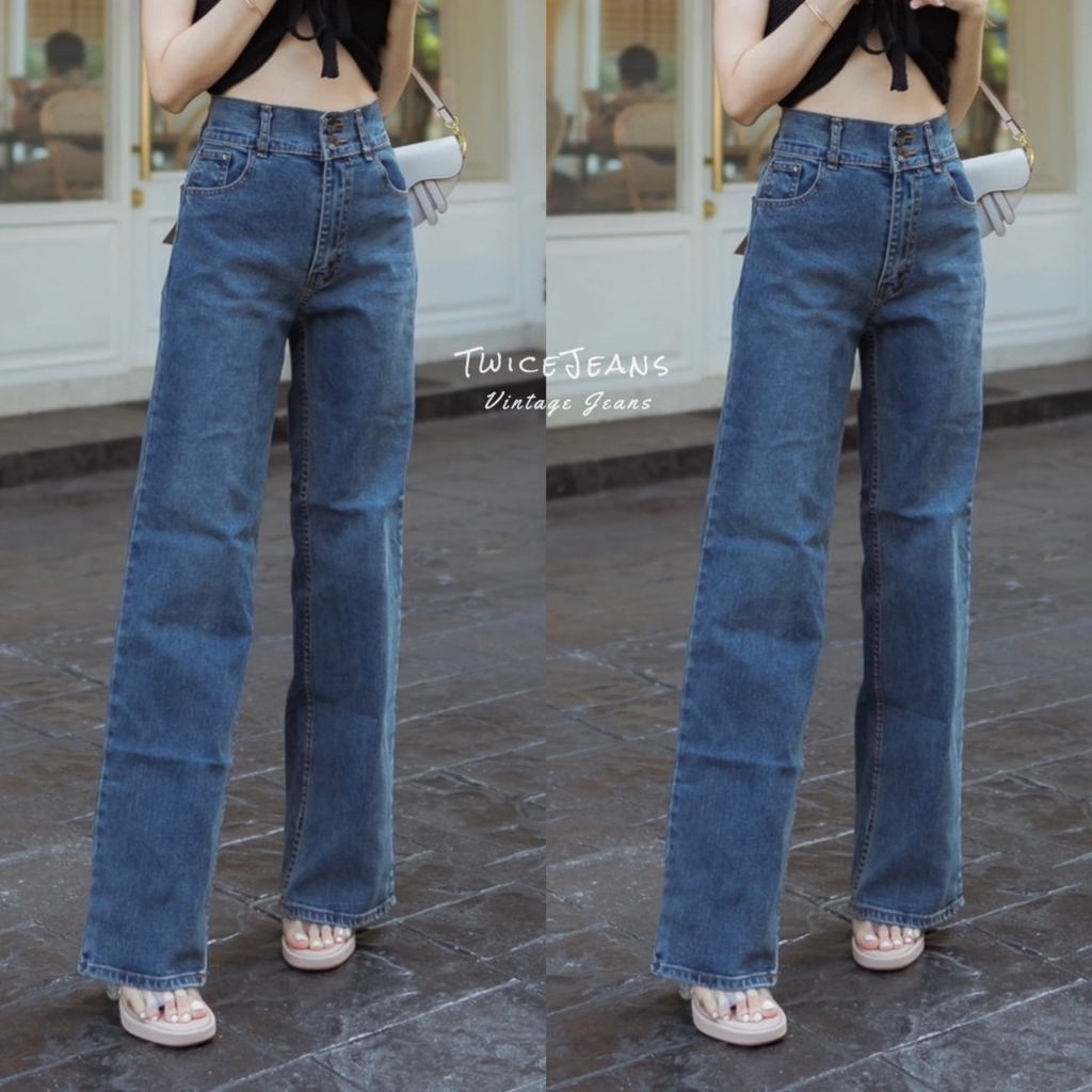 TwiceJeans ทรงกระบอกตรง ผ้ายีนส์ยืด มี Bigsize S-5XL เอวสูง เก็บทรงสวย สีฟอกเข้ม ราคาถูก Shopee Lazada