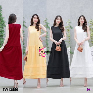 13556 เดรสยาว แขนกุด แต่งรูดตีเกร็ดชายกระโปรง Long, sleeveless dress with ribbed hemline.