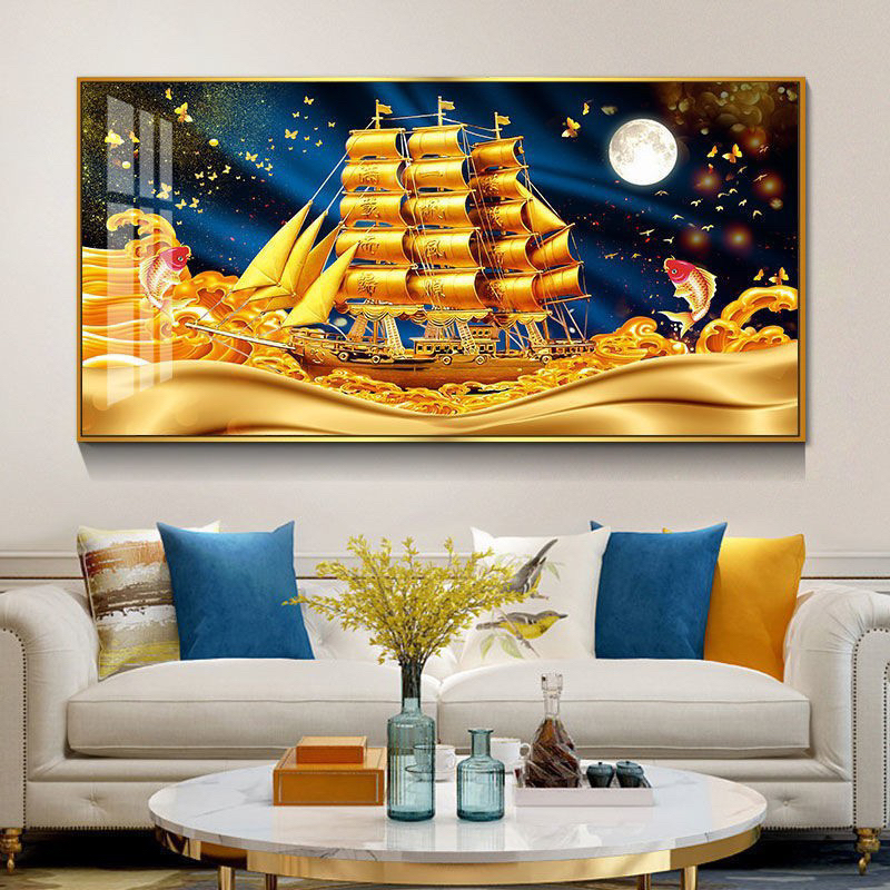ครอสติสคริสตัล Diamond painting ชุดอุปกรณ์ คริสตัลเม็ดกลม ติดเต็มแผ่น 120x50 cm เรือ เรือสำเภา เสริมฮวงจุ้ย
