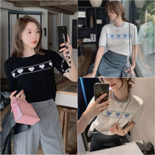 CT66052 ✨ใหม่พร้อมส่ง✨(free size) # เสื้อครอปแฟชั่นไหมพรม​แขนสั้น 2สีลายหัวใจ คอกลม แฟชั่นสุดน่ารักสไตล์ญี่ปุ่น สีขาว/ดำ
