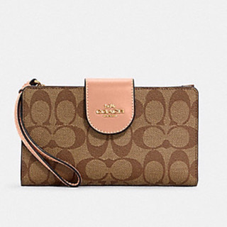 TECH PHONE WALLET IN COLORBLOCK SIGNATURE CANVAS (COACH C2874) GOLD/LIGHT KHAKI/FADED BLUSH