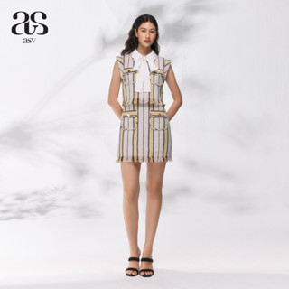 [asv pf23] Heidy Multi Striped Dress เดรสผู้หญิง ทรงเอ คอปก แขนกุด ตกแต่งกระเป๋าหน้า ชายแต่งพู่ ตกแต่งผูกโบว์คอ