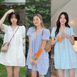 Teera❤️พร้อมส่ง✨Muffin Dress♡มินิเดรสคอวีผูกโบว์ น่ารักมาก🍦ป้ายNanny