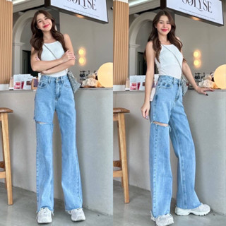 YME jeans กางเกงยีนส์เอวสูงปรี๊ดขากระบอกใหญ่แต่งขาดไม่เยอะปลายขาตัดปล่อยรุ่ยสียีนส์ฟอกสวย ใส่แล้วสูงเพรียวพรางหุ่น #2225