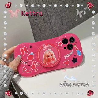 💜Kettra💜จัดส่งภายใน24ชม ขอบเต็ม iPhone 11 14 pro max Barbie พร้อมกระจก ขาตั้ง กุหลาบแดง หวานสวย case for iPhone 12 13