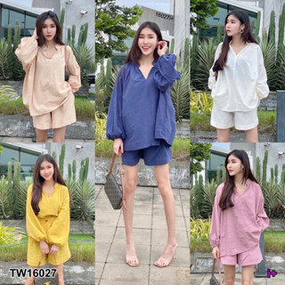 👗Pfashion [ส่งไวมาก🚛] P16027 Set เสื้อแขนพองคอจีน+กางเกงขาสั้น