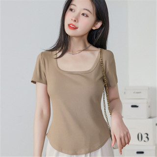 สีพร้อมส่ง 🔥เสื้อยืดคอยู 8796456 🌻 เนื้อผ้าพรีเมี่ยม สื้อครอปเเขนสันสไตล์เกาหลี