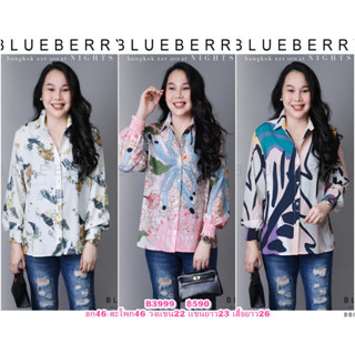 (อก46) B3999 BLUEBERRY NIGHTS เสื้อเชิ้ตแขนยาว ผ้าโพลีเอสเตอร์ผสมชีฟอง พิมพ์ลายทั้งตัว ปลายแขนยางยืด