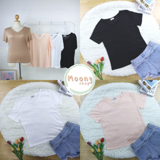 🍭Moonyshop🍭เสื้อยืดคอวีผ้าสลาฟ ฟรีไซส์ อก 35-44 นิ้ว ผ้านิ่ม เนื้อบางเบา ใส่สบาย  # 526