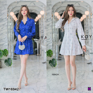 TwinsShopVip💗พร้อมส่ง TW16942 มินิเดรสเชิ้ต แขนยาว เชือกเอว ลายดอก ..