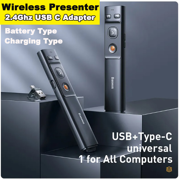 รีโมทพรีเซนไร้สาย Baseus AI Wireless Presenter PPT Pointer 2.4Ghz USB C Adapter Handheld Remote Cont