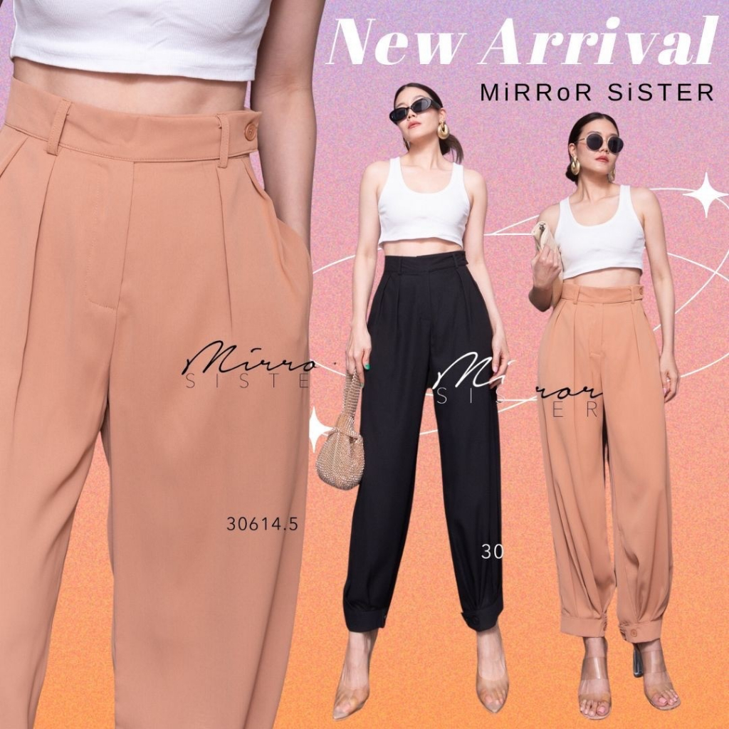 🔖Mirrorsister 30614.5 กางเกงขายาวช่วงเอวแต่งขอบพาดไปติดกระดุมที่เอวด้านข้าง มีกระเป๋าล้วงได้2ข้างลำตัว