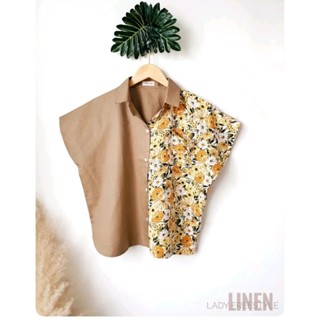 เสื้อลินินคอจีนแขนสั้นชายโค้งทรงกว้างตัดแต่งลายสวยมากๆ