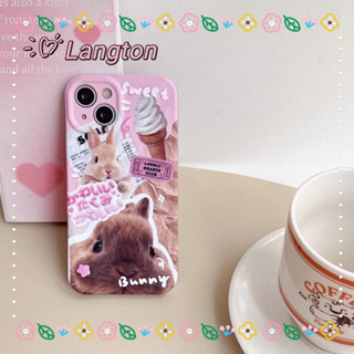 🌈Langton🌸ขอบเต็ม ป้องกันการหล่น iphone 11 14 pro max ขาตั้ง ถอดได้ การ์ตูน กระต่าย สีชมพู case for iPhone 12 13