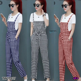 Set 2 ชิ้น เสื้อยืด + เอี๊ยมจั้มสูทลายสก็อตขายาว TT10927 Set of 2 pieces: T-shirt + long-sleeved plaid jumpsuit.