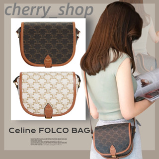 ถูกที่สุด ของแท้ 100%/Celine FOLCO Medium Logo Print Bag กระเป๋าสะพายสุภาพสตรี