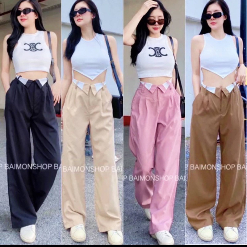aimorn_shop กางเกงเอวพับ ขายาว ผ้าไมโคร ใส่แมทช์กับเสื้อกล้าม น่ารักมากก