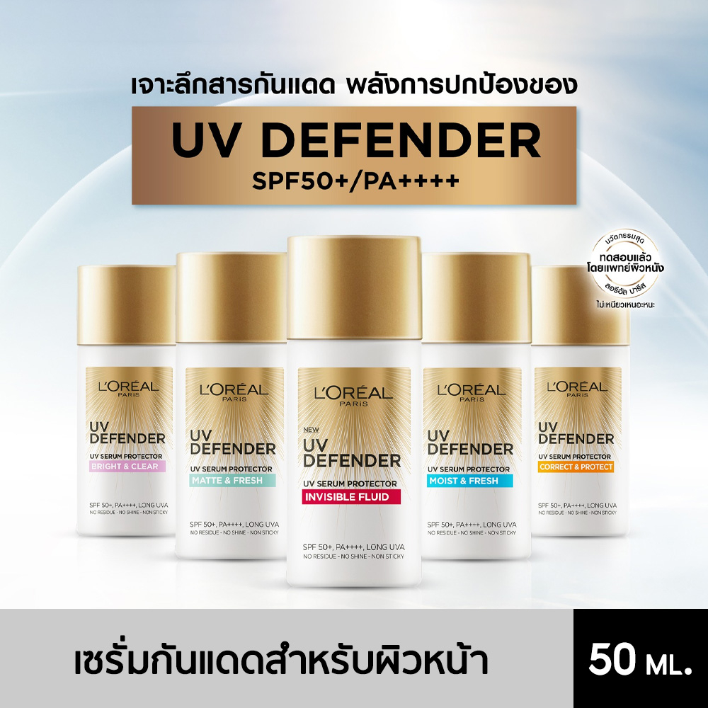 (NEW PACKAGE) L'Oréal Paris UV Defender SPF50+/PA+++ Long UVA เซรั่มกันแดดสำหรับผิวหน้า 50ML.