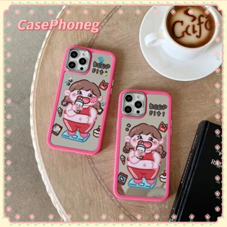 🍑CasePhoneg🍑ป้องกันการหล่น ขอบเต็ม iPhone 11 14 pro max ขอบสีชมพู การ์ตูน สาวน้อย พื้นผิวกระจก case for iPhone 12 13