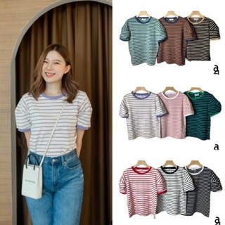 A21🌸 เสื้อยืดแขนยกแต่งกุ้นแขน ผ้า cotton ลายริ้ว 🌸งานป้าย