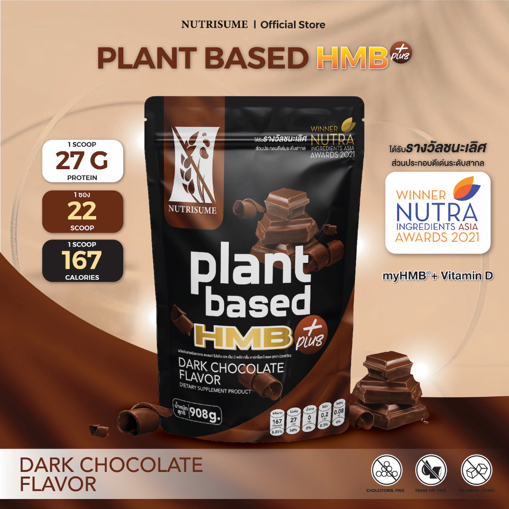 Plant Protein HMB Plus Dark Chocolate Flavor แพลนท์ โปรตีน เอช เอ็ม บี พลัส รสดาร์กช็อคโกแลต