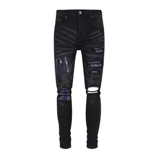 AMIRI letter LOGO patch leather slim black color cashew skinny jeans