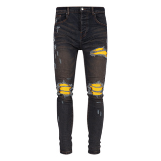 AMIRI Blue Ripped Hole Filling Yellow Leather Design Slim Jeans