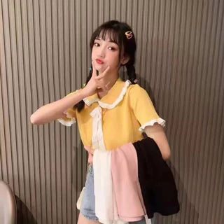 DODO🌟พร้อมส่ง🌟เสื้อไหมพรม แต่งขอบระบาย ผูกโบว์หน้า น่ารักสไตล์คุณหนู(5108)
