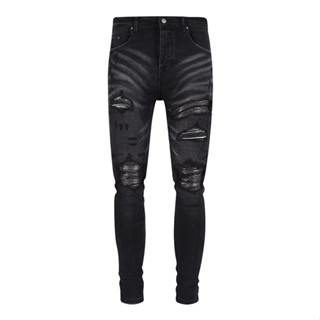 AMIRI New Black Knee Hole Gold Silk Slim Jeans