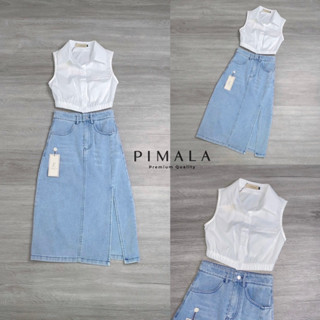 เซตเสื้อคอปกแขนกุด และกระโปรงยีนส์ (D170) pimala