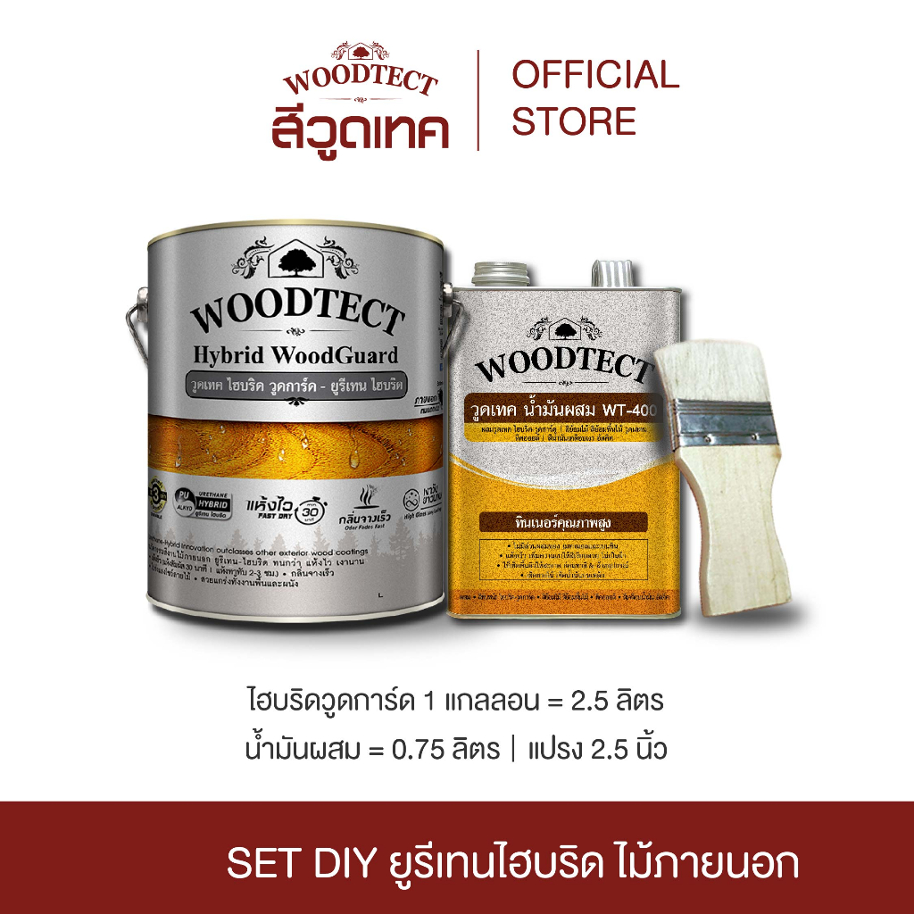 SET DIY วูดเทค ไฮบริด-วูดการ์ด สีทาไม้ ชนิดสีใส + แปรงทาสี + ทินเนอร์ WT-400 WOODTECT HybridWoodGuard