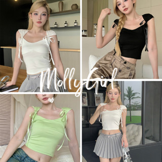 mollygirl เสิ้อครอปแขนกุดผูกตรงแขน สีโดดเด่น พร้อมส่งในไทย 719#