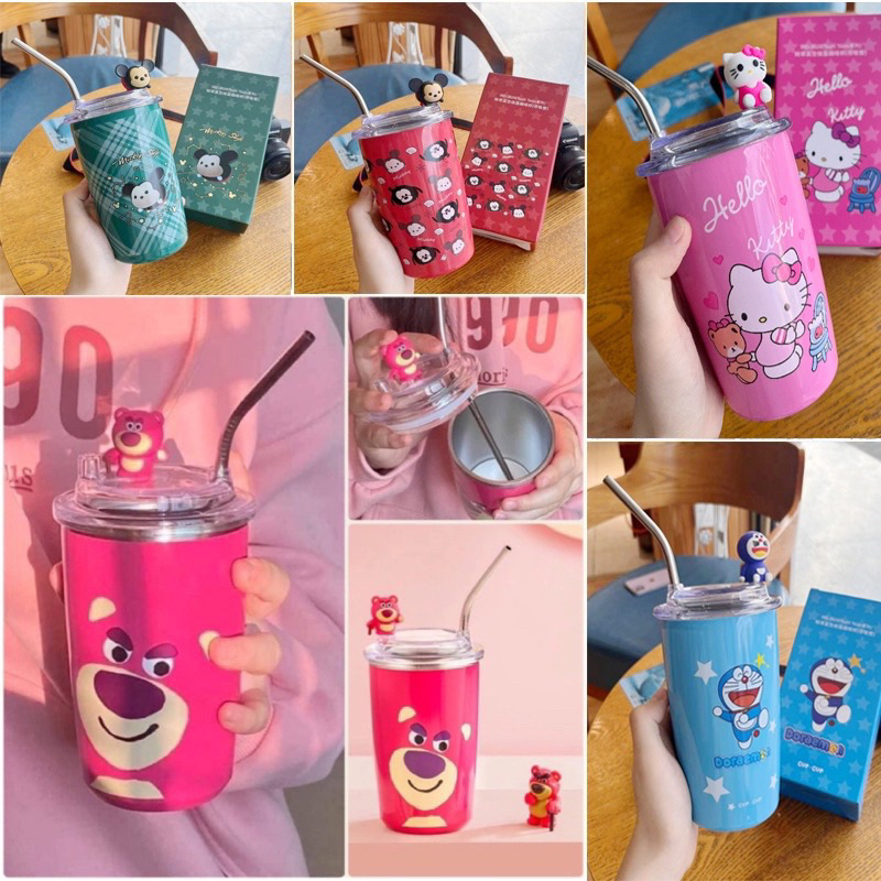Disney แก้วน้ำหมีล๊อตโซ่ Lotso / Sanrio แก้วเยติ แถมฟรีหลอดสแตนเลส เก็บอุณภูมิความเย็น-ความร้อน ดิสนีย์ 450ml